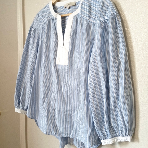 Ann Taylor Loft Striped Quarter Sleeve V Neck Plaid Printed Top Cottagecore - Picture 10 of 11